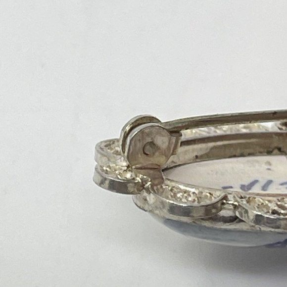 Vintage Delft Holland 800 Silver Filigree Porcelain Oval Brooch Pin Tarnish - Picture 6 of 8